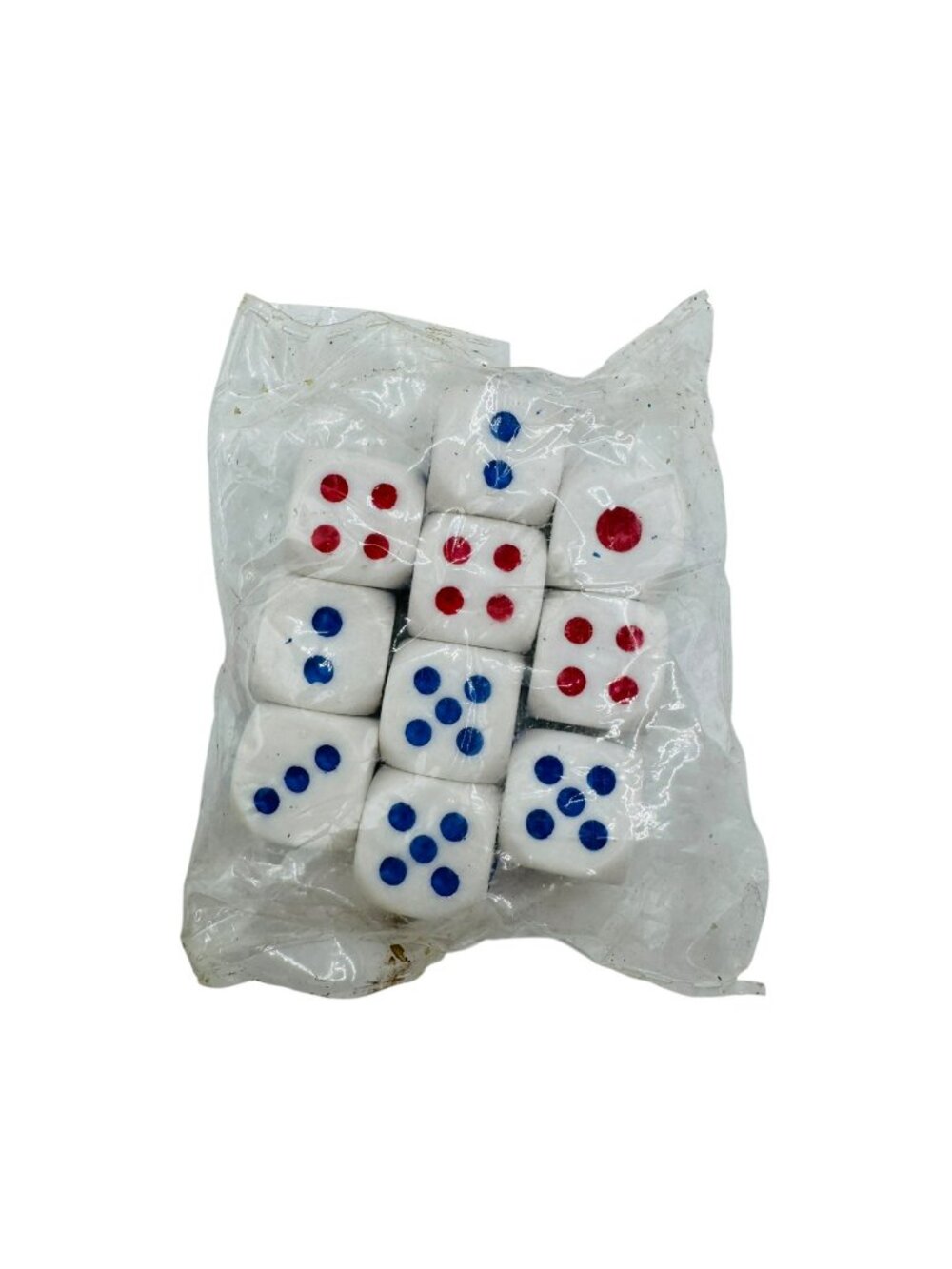 12 White Dice With Red & Blue Dots In Plastic Packaging